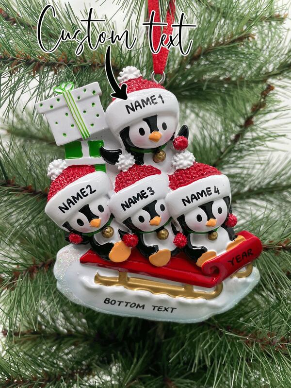 1pc Penguin Family On Sled Personalized Christmas Decoration, Custom Handwritten Decoration For 2, 3, 4, 5, 6 Family Members - Christmas Decoration, Christmas Tree Ornament, Christmas Gift, Family Gift