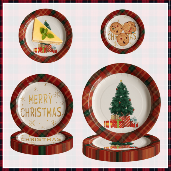 Pratos de papel descartáveis Feliz Natal, pratos de sobremesa redondos de 7/9 polegadas para árvore de Natal, a granel para decoração de festas, conjunto de louças para festa de Natal, reuniões familiares, feriado, serve 20 convidados