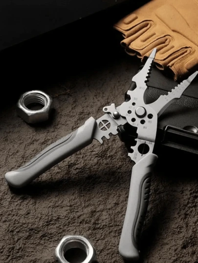 1 pieza Cortador y pelador de cable multiusos de acero inoxidable, alicates industriales de 8.5 pulgadas para electricistas para cableado, corte, pelado, engarzado, agarre, torsión, extracción de clavos, estructura metálica, para electricistas y uso doméstico/regalo de vacaciones/esencial para muebles