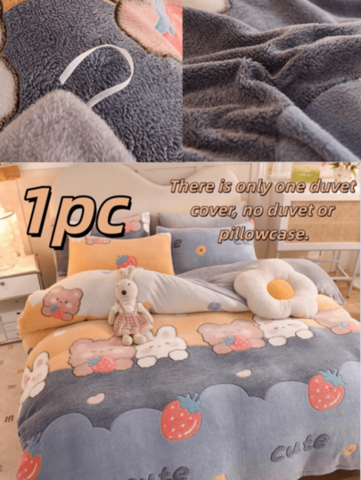 1pc Snowflake Fleece Strawberry Rabbit Pattern Duvet Cover, 1*Duvet Cover, No Filling, Skin-Friendly, Soft & Comfortable, Cute & Minimalist