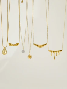 6pcs Stainless Steel 18K Gold Plated Women's Pendant Necklaces, Design, Jewelry For Women, Gold Necklace, Water Drop, Sun, Clover, Stainless Steel Necklace, Elegant Women's Necklace, Waterproof Necklace, Delicate Gift - Multicolor - View 8