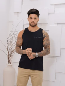 Men's Standard Sleeveless Printed Summer Tank Top With Stonewashed Knit Stitching - 黑色 - 查看 2