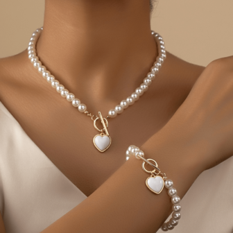 1 Set Fashion Pearl Heart Bracelet Necklace For Women, Delicate High-End Minimalist Clavicle Chain Suitable For Daily Wear And Parties