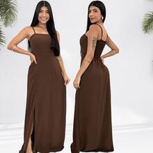 Dunas Wrinkle-Free Long Formal Dress Bridesmaid Wedding Civil Baptism Gender Reveal Formal Party Guest Graduation - Rust Brown - View 2