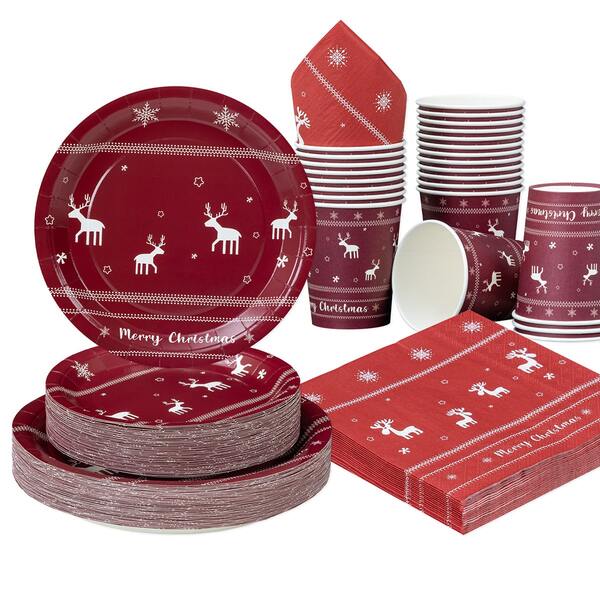 10 Stücke/25 Stücke Weihnachtsthema Einweg-Geschirr Set, 7"/9" rote Basis Schneeflocke & Rentier Einweg-Pappteller Party Zubehör, Geburtstag Einweg-Teller, Becher und Servietten, Party Dekorationen, Einweg-Party, Geburtstagsfeier, Geschenkparty, Feier Dekorationen
