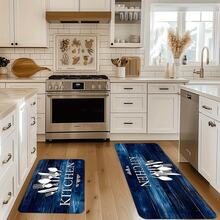 2pcs/3pcs, Vintage Blue Wood Grain Kitchen Set Mat, Flannel Material, Comfortable Standing Running Mat, Kitchen Floor Mat, Entrance Bathroom, Home Office, Laundry Room Sink Mat, Home Decoration, Spring Summer Festival Decoration - Multicolor - View 12