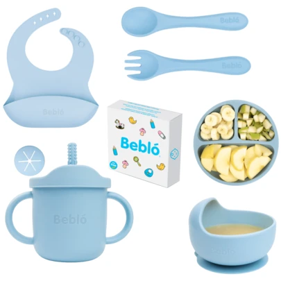 Beblo Kit Alimentacion Complementaria Bebe 7 piezas Bebló - Vajilla para Bebe de silicona con Babero, Plato Antideslizante, Vaso Entrenador con Popote y Tapa Extra, Cubiertos, Tazón | Libre de BPA, Silicón de Grado Alimenticio