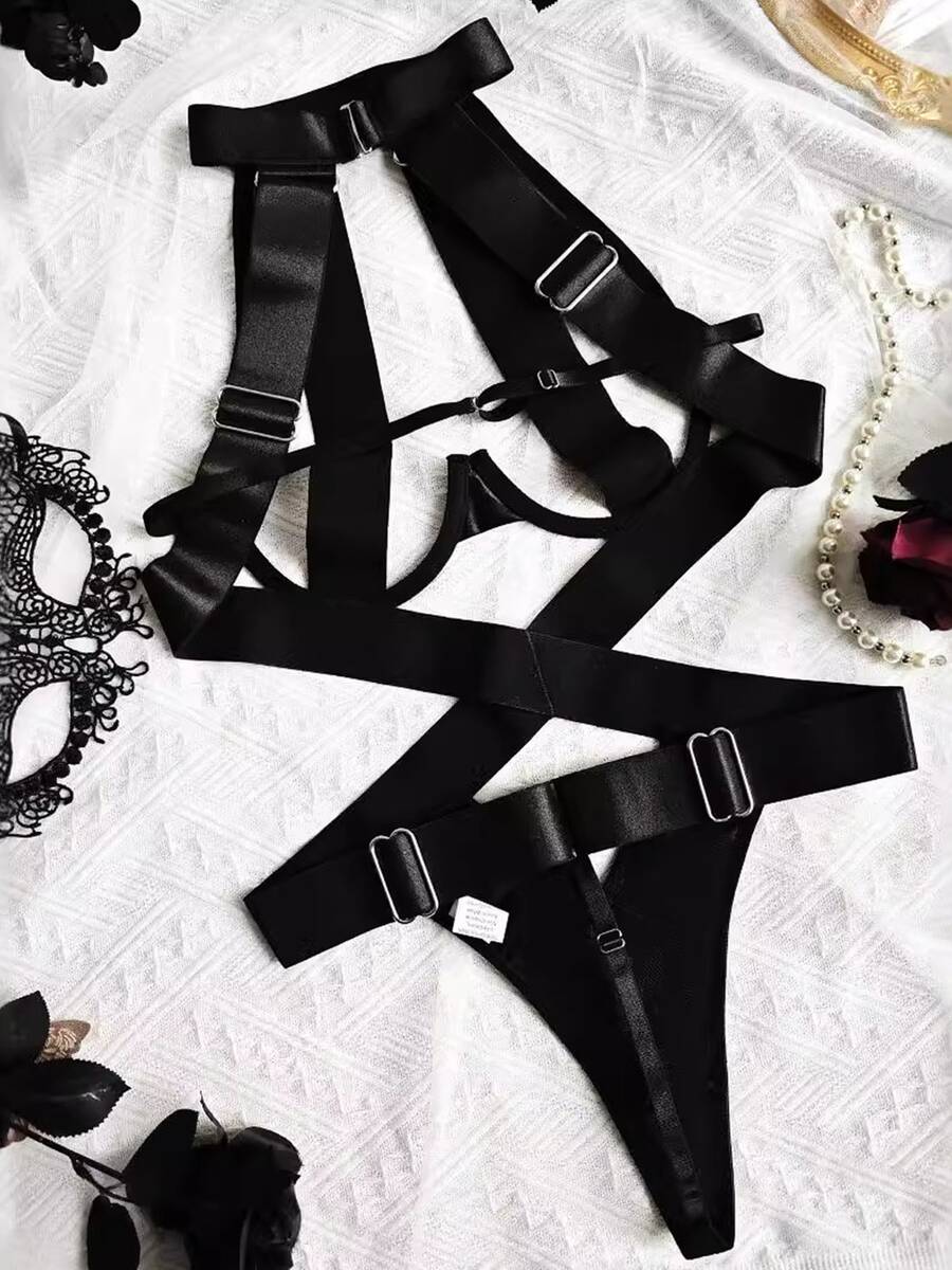 SOFUSEN 1 Pcs Women's Sexy Strappy Bodysuit, Cutout Halter With Crisscross Design, Nightwear, Clubwear,Choker Bodysuit Boudoir Outfits Exotic,Valentine's Day, Costumes - 黑色 - 查看 1