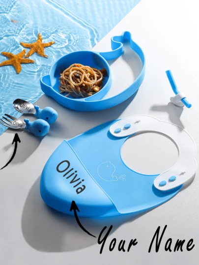 1 pieza Juego de cubiertos personalizados para bebé, que incluye una cuchara y un tenedor, vajilla infantil personalizada como regalo, plato de silicona con forma de delfín lindo, regalo de Navidad.