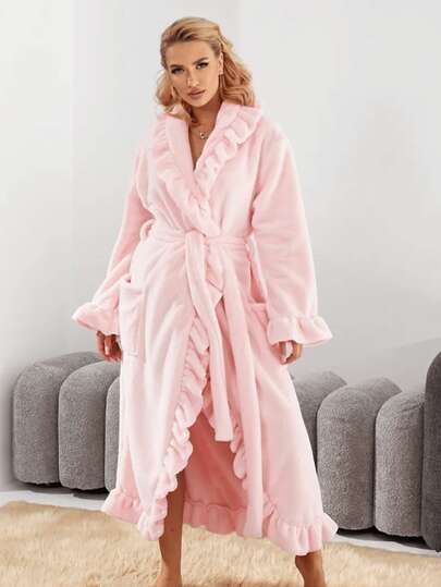 Women's Extra Long Ruffle Bathrobe Robe - Ultra-Soft Coral Fleece Luxuryrobe, Quick-Dry Thermal Robe With Lace-Like Collar, Autumn Winter Warm Long Sleeve Bathrobe Palace Style French Velvet Pajama Robe Thickened Flannel Loungewear, Winter Loungewear, Non-Transparentrobe For Spa, Home, Gifts - Elegant Robe For Women
