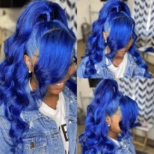 Blue Body Wave Human Hair Wigs Natural Looking 13x6 HD Lace Front Wigs Human Hair Blue Wig Human Hair Royal Blue Water Wave Wigs For Cosplay And Halloween Party Use 180 Density - 藍色 - 查看 4