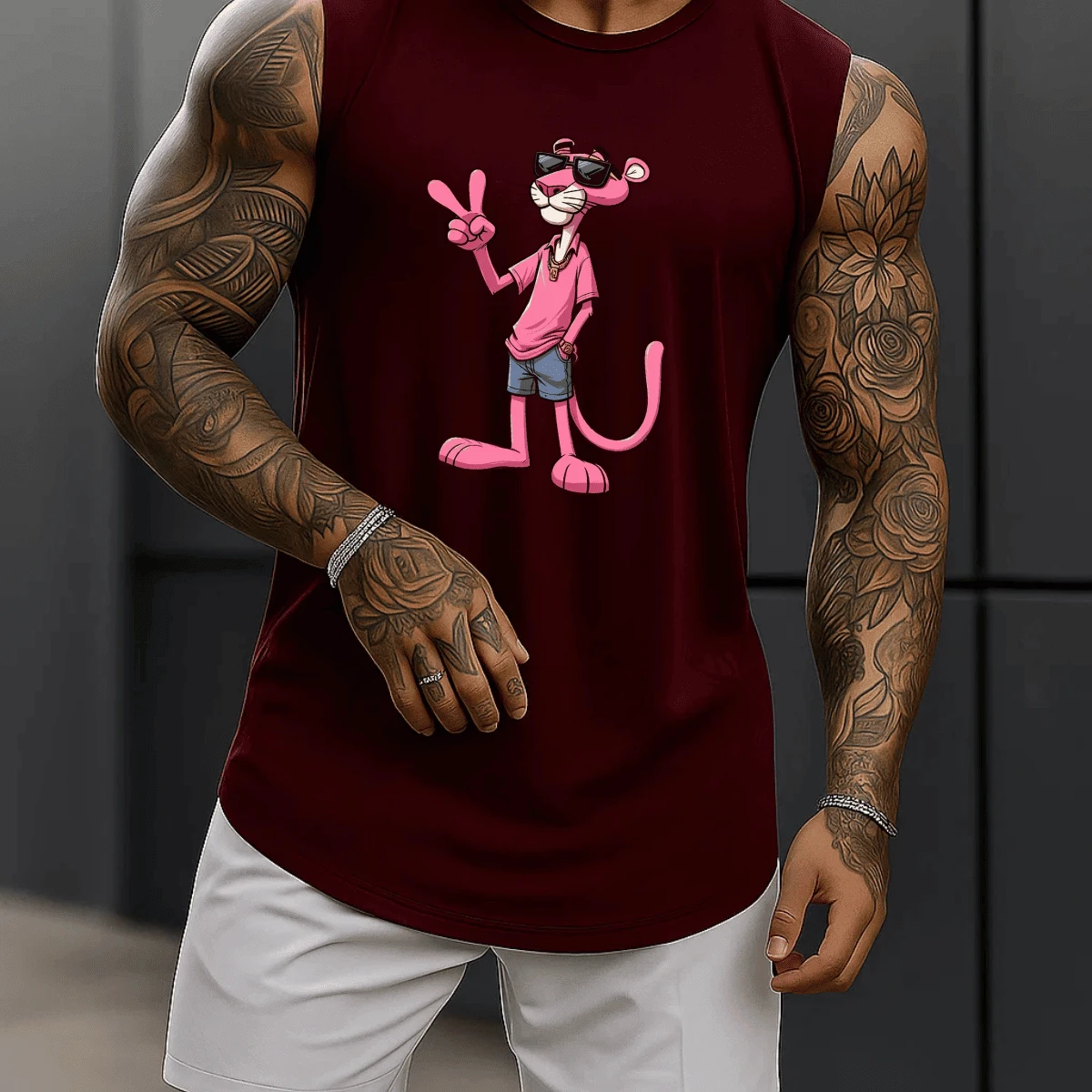 Regata Masculina Estampada Academia Pantera Cor De Rosa 100% Algodão Premium Camiseta Blusa Verão - bordô - Visão 1