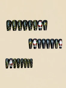 Unhas de Natal, 24 Peças de Unhas, Unhas Postiças de Outono, Unhas de Papai Noel, Árvore de Natal, Boneco de Neve, Floco de Neve, Unhas Fofas, Unhas Postiças, Unhas Falsas, Unhas Pretas