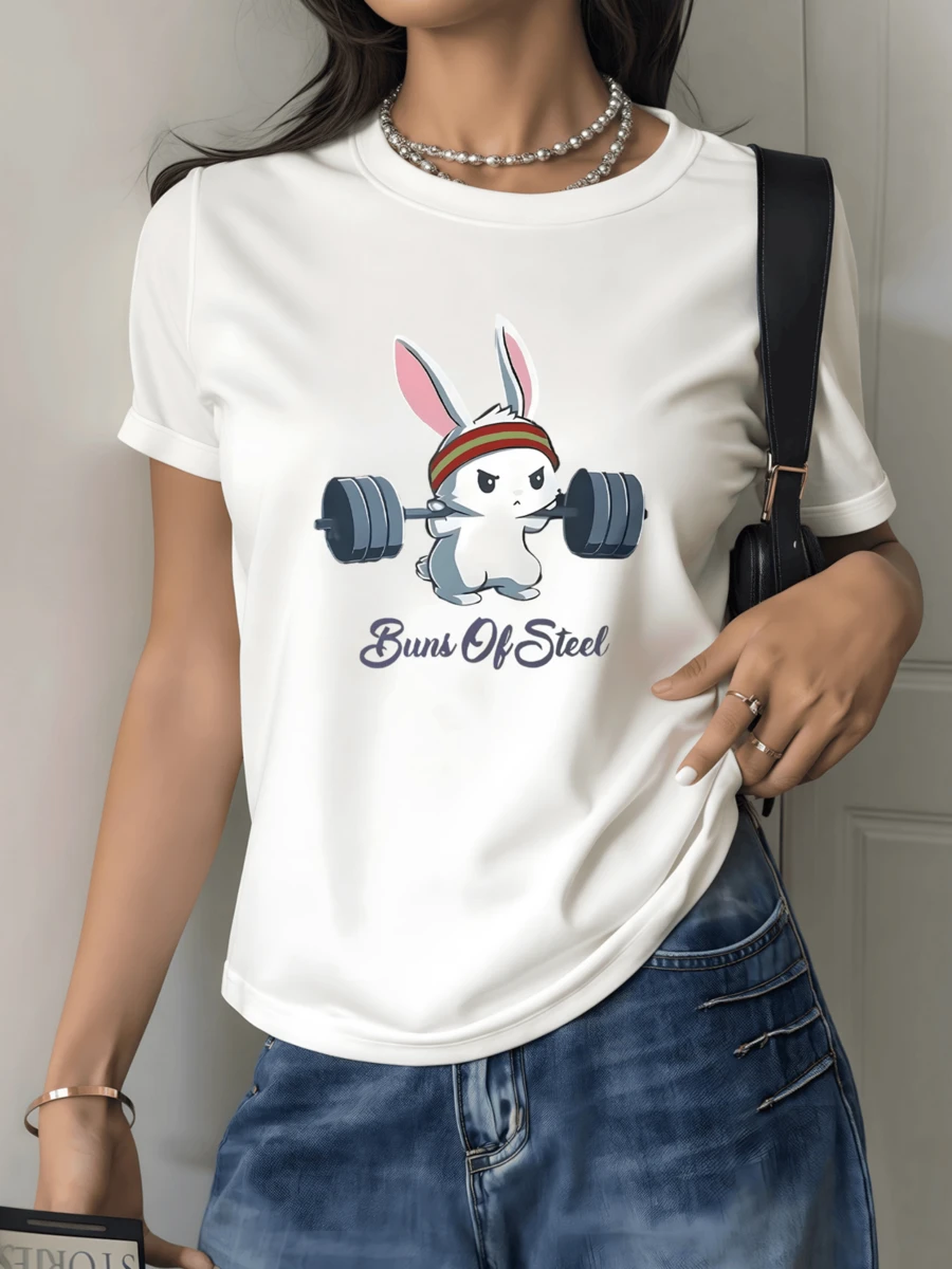 Camiseta estampada de conejo levantando pesas Camiseta de mujer con cuello redondo, diseño casual con ilustración divertida fitness 220 gramos 100% algodón estilo moderno 1 unidad de Camisa de T con estampado digital - Blanco - Ver 1