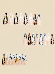 Unhas com Bolinhas, Unhas Postiças em Formato de Amêndoa, Unhas Postiças de Outono, Unhas com Ponta Francesa, Unhas Postiças, Unhas Marrons, Unhas Fofas, Unhas Falsas