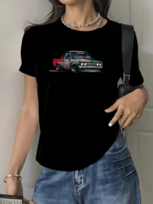 Camiseta de mujer con cuello redondo, diseño casual de coche clásico vintage de carreras 220 gramos 100% algodón estilo urbano moderna 1 unidad de Camisa de T con estampado digital - Negro - Ver 1