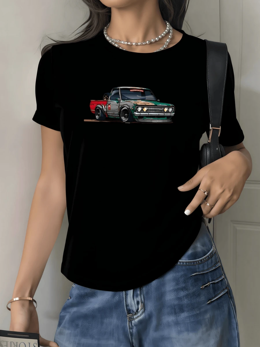 Camiseta de mujer con cuello redondo, diseño casual de coche clásico vintage de carreras 220 gramos 100% algodón estilo urbano moderna 1 unidad de Camisa de T con estampado digital - Negro - Ver 1