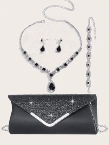 Bộ 4 vòng cổ đính đá Rhinestone màu đỏ, phù hợp với túi xách váy dạ hội bằng kim loại đính đá Rhinestone của phụ nữ, bộ vòng cổ, vòng tay, hoa tai cưới của cô dâu, phù hợp cho các bữa tiệc, đám cưới, khiêu vũ, bữa tối/bộ trang sức tiệc, quà tặng ngày lễ - Đỏ - Xem 2