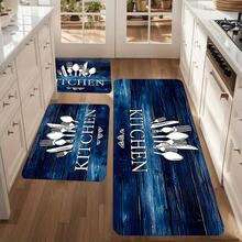 2pcs/3pcs, Vintage Blue Wood Grain Kitchen Set Mat, Flannel Material, Comfortable Standing Running Mat, Kitchen Floor Mat, Entrance Bathroom, Home Office, Laundry Room Sink Mat, Home Decoration, Spring Summer Festival Decoration - Multicolor - View 1