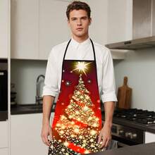 1 șorț de Crăciun mărime mare - șorț de bucătărie, model strălucitor de brad de Crăciun roșu și auriu, șorț de bucătar din poliester durabil, potrivit pentru bărbați și femei, cadou ideal de Crăciun, pentru copt, petreceri de sărbători - ușor de curățat și durabil - perfect pentru bucătarii de acasă și pentru utilizarea în bucătăria de sărbători (roșu/auriu/negru) - cadou ideal