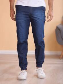 Men's Twill Jogger Pants With Elastic Waistband - 深色水洗藍 - 查看 4