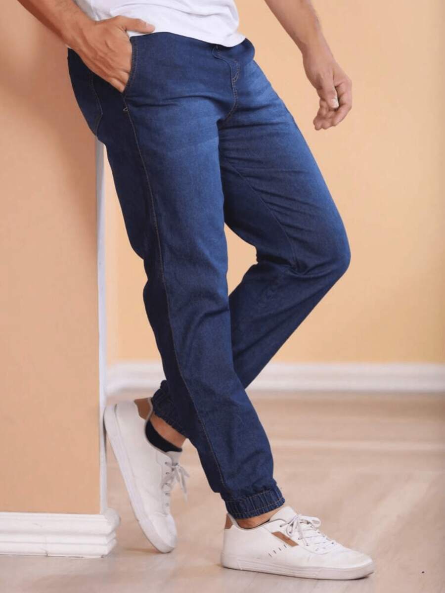 Men's Twill Jogger Pants With Elastic Waistband - 深色水洗藍 - 查看 1