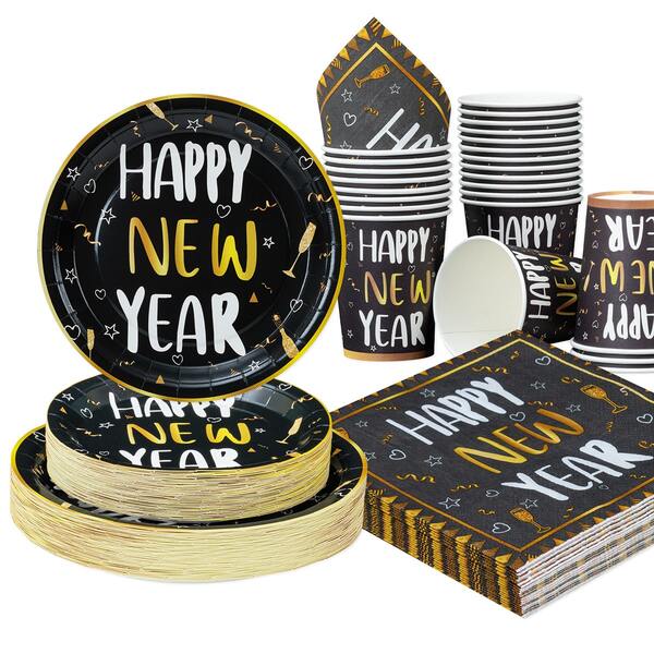 10 Stücke/25 Stücke Weihnachtsthema Einweg-Geschirr Set, 7"/9" schwarze Basis mit goldenem Rand "Frohes Neues Jahr" Einweg-Pappteller, Geburtstags-Pappteller, Becher und Servietten, Party Dekorationen, Einweg-Party, Geburtstagsfeier, Geschenkparty, Feier Dekorationen
