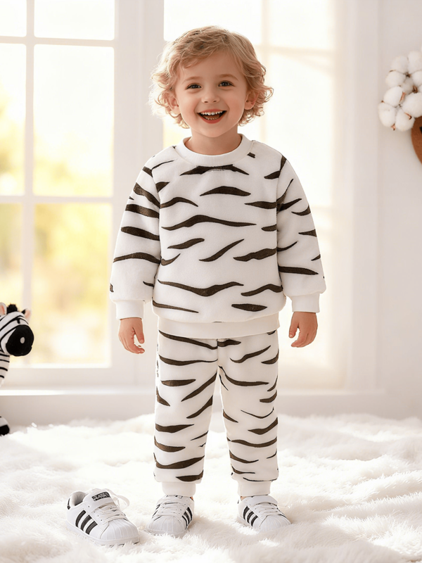 2pcs Toddler Boys' Zebra Print Fleece Long Sleeve Set