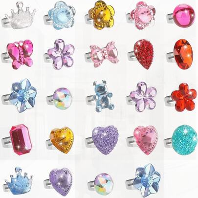 24 Pcs Girls Crystal Adjustable Rings, Heart Box For Pretend Play & Dress Up - Random