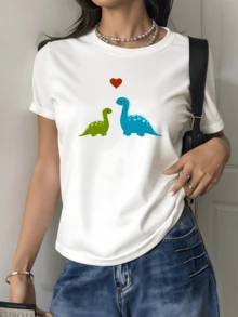 Camiseta gráfica de mujer con cuello redondo, diseño casual de dinosaurios coloridos con corazón 220 gramos 100% algodón estilo moderno 1 unidad de Camisa de T con estampado digital - Blanco - Ver 1