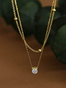 1件优雅双层单钻不锈钢项链，女士情人节配饰 - 金色 - 查看 5