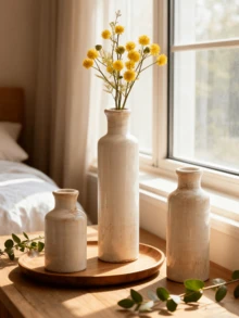 1 PIEZA Juego de jarrones cerámicos beige minimalistas. Estos jarrones con textura pueden contener flores frescas/secas, ideales para mesas de noche, alféizares de ventanas, aportando un toque acogedor y natural a dormitorios y salas de estar. Perfecto para amantes de la decoración del hogar con estilo bohemio-chic. Decoración de habitación, jarrón de flores, jarrón de vidrio