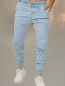 Men's Twill Jogger Pants With Elastic Waistband - Baby Blue - View 4