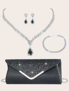 5件套奢华婚纱手提包套装，包含闪亮水晶项链、手链和耳环，女士珠宝套装，适合派对、婚礼、舞会、正式场合，可搭配婚纱、礼服、舞会礼服、生日礼服、派对礼服。 - 黑色套裝 - 查看 7