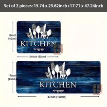 2pcs/3pcs, Vintage Blue Wood Grain Kitchen Set Mat, Flannel Material, Comfortable Standing Running Mat, Kitchen Floor Mat, Entrance Bathroom, Home Office, Laundry Room Sink Mat, Home Decoration, Spring Summer Festival Decoration - Multicolor - View 13