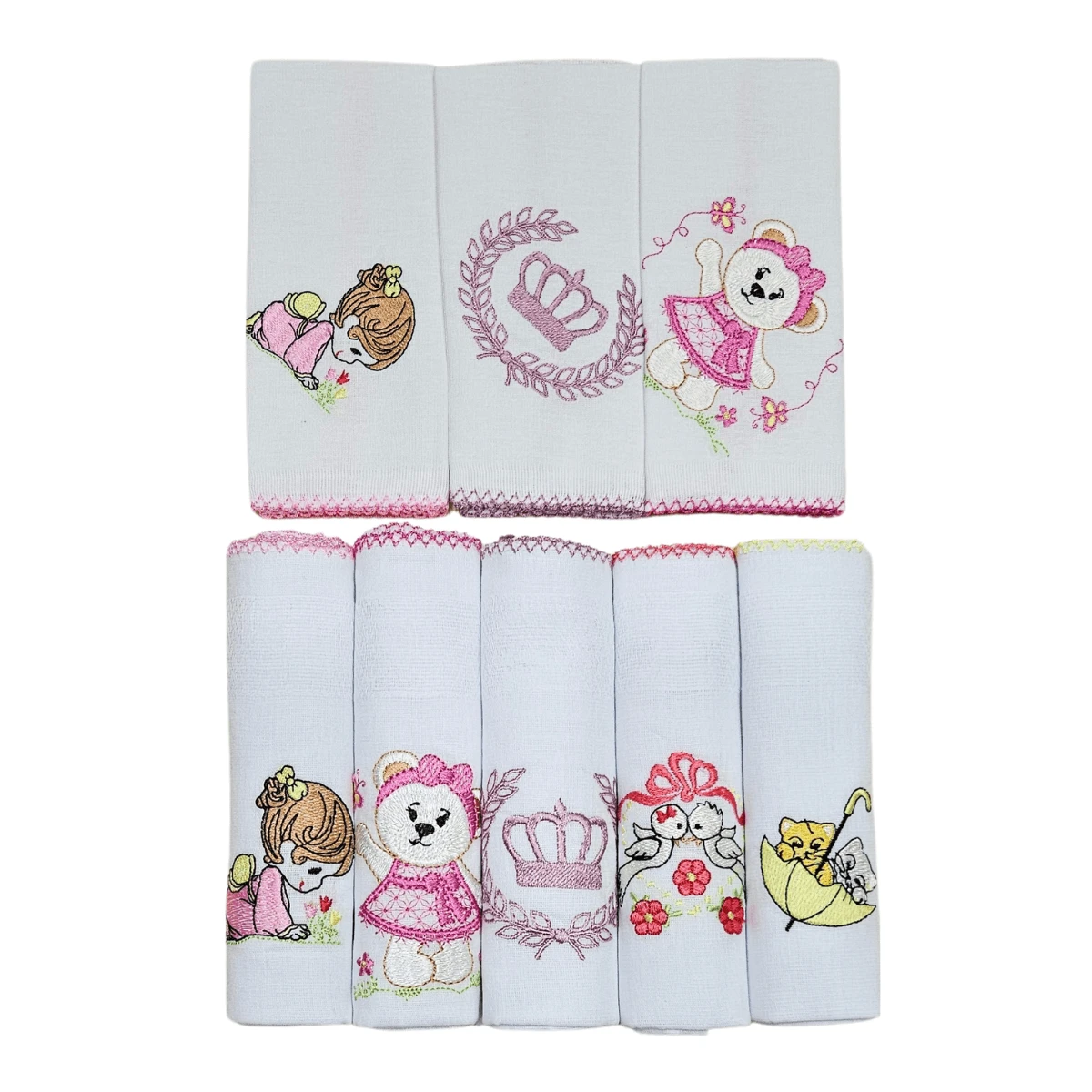Nil Leifa Fralda Tecido Algodao Kit C/ 5 Un + 3un Pano De Boca Bordados delicados para menina - Rosa Bebê - Visão 1
