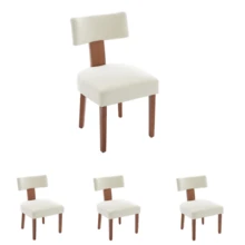 Set Of 4 Linen Fabric Modern Armless Dining Chairs With Curved Backrest And Solid Wooden Legs For Dining Room Living Room - 米色 - 查看 12