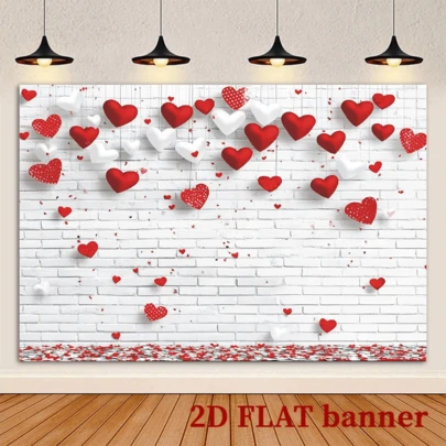 2d Flat Valentine's Day Party Banner Wall Background, Multi-Purpose Party Banner, Heart-Shaped Balloons And Gifts. Print Photography Backgrounds, Festive Holiday Christmas Wedding Table Decorations, No Power Supply Required