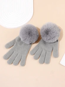 1 Pair Girls' Fingerless Gloves, Warm Knitted Simple Gloves With Faux Fur Pom Pom, Suitable For Autumn/Winter - 1Pair - View 5