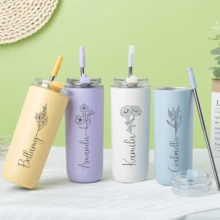 Personalized Vacation Insulated Cup, Customized Name Stainless Steel Birthday Flower Laser Engraved Tumbler With Straw, Bridesmaid Invitation Gift, Bachelorette Party, Wedding Gift, Christmas Gift, Initial Cup, Aesthetic Tumbler, Thoughtful Gift - 多色1 - 查看 4