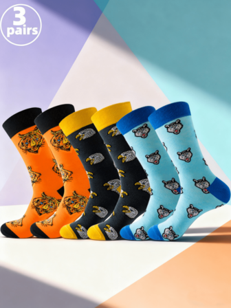 1/2/3 par herrstrumpor med broderi av varg, tiger och örn, tecknade djurmönster och golfdesign, europeiska och amerikanska storlekar, fulla av elasticitet, mjuka och bekväma, lämpliga för dagligt bruk