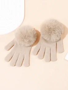1 Pair Girls' Fingerless Gloves, Warm Knitted Simple Gloves With Faux Fur Pom Pom, Suitable For Autumn/Winter - 1Pair - View 8