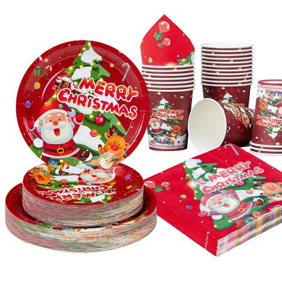 10 Stücke/25 Stücke Weihnachts-Themen Einweg-Geschirr Set, 7"/9" Weihnachtsmann, Rentier & Weihnachtsbaum Fröhliche Weihnachten Einweg-Pappteller Party Zubehör, Geburtstag Einweg-Teller, Becher und Servietten, Party Dekorationen, Einweg-Party, Geburtstagsfeier, Geschenkparty, Feier Dekorationen