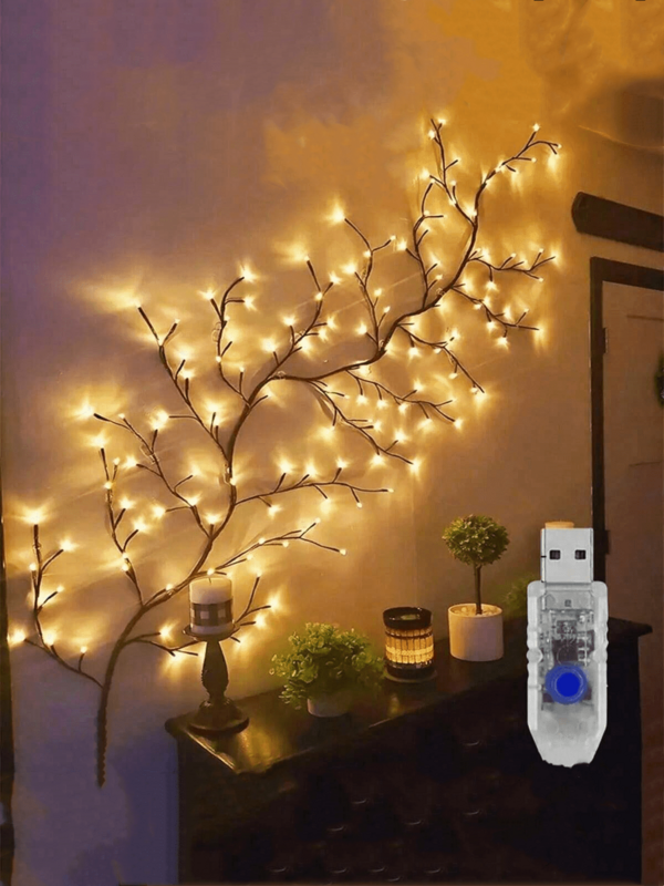 1pc Realistic Branch String Lights, LED Lights, Christmas Decor Gift, USB Powered, Button Control, 8 Modes, Suitable For Christmas Tree Decoration, Indoor/Outdoor Decor, Living Room, Bedroom, Wall Decor, Wedding, Party Atmosphere Lighting, Valentine's Day, Birthday And Graduation Gifts, Christmas Decoration, Christmas Tree Ornaments, Thanksgiving Wedding Birthday Decor, Indoor/Outdoor Garden Holiday Decor, Halloween Decoration, Halloween Accessories