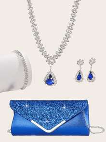 Set de 4 genți de mână de lux pentru rochii de seară de mireasă, cu colier, brățară și cercei cu strasuri strălucitoare, set de bijuterii pentru femei, potrivit pentru petreceri, nunți, baluri, cine/banchete, asortate cu rochii de mireasă, rochii formale, rochii de bal, rochii de ziua de naștere, rochii de petrecere