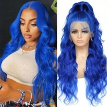 Blue Body Wave Human Hair Wigs Natural Looking 13x6 HD Lace Front Wigs Human Hair Blue Wig Human Hair Royal Blue Water Wave Wigs For Cosplay And Halloween Party Use 180 Density - 藍色 - 查看 1