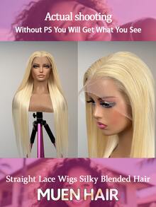 613号金色直发假发，13x4蕾丝前假发，真人混纺发丝，200%密度，13x6高清透明蕾丝假发，预先拔毛，带婴儿发，巴西原生发，无胶直发，万圣节假发，适合女性日常佩戴和角色扮演。 - S/613 - 查看 3