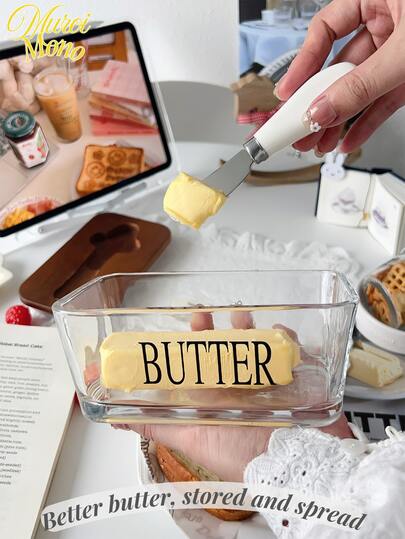 <Better Butter, Stored And Spread>, 1pc Acacia Wood Lid Glass Butter Dish Set. Thick Glass Butter Container With Bamboo Lid For Home Kitchen, Large Butter/Cookie/Snack Storage, Suitable For Gifts, Christmas Present