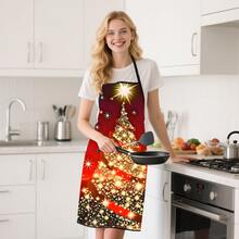 1 șorț de Crăciun mărime mare - șorț de bucătărie, model strălucitor de brad de Crăciun roșu și auriu, șorț de bucătar din poliester durabil, potrivit pentru bărbați și femei, cadou ideal de Crăciun, pentru copt, petreceri de sărbători - ușor de curățat și durabil - perfect pentru bucătarii de acasă și pentru utilizarea în bucătăria de sărbători (roșu/auriu/negru) - cadou ideal
