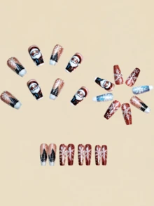 Unhas de Natal, 24 Peças de Unhas, Unhas Postiças de Outono, Unhas de Papai Noel, Árvore de Natal, Boneco de Neve, Floco de Neve, Unhas Fofas, Unhas Postiças, Unhas Falsas, Unhas Azuis